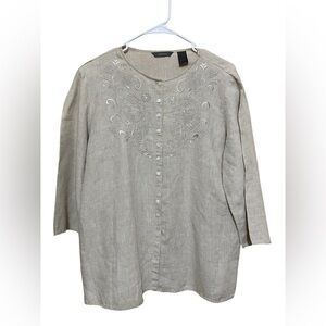 Liz Claiborne Linen, Tan, Embroidered Button Front Tunic Top, Size 14.